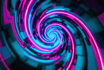 The primary subject of the image is a spiral pattern with a blue and pink color scheme. The spiral is surrounded by a blue background, giving it a vibrant and lively appearance. The visual style of the image is a combination of digital art and illustration, creating a unique and eye-catching design. The dominant colors in the image are blue and pink, which contribute to the spiral's vivid and energetic mood.