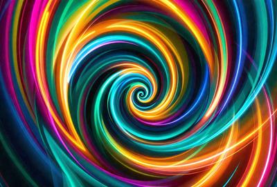 The primary subject of the image is a spiral pattern, which is a part of a colorful swirl. The setting is a colorful background, and the visual style appears to be a combination of digital art and illustration. The dominant colors in the image are blue, yellow, and orange, creating a vibrant and lively atmosphere.