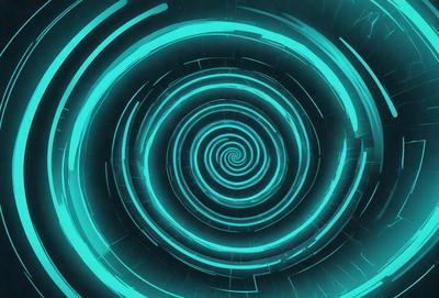 The primary subject of the image is a spiral pattern, which is a blue and green swirl. The setting is a dark background, and the visual style appears to be a digital art or illustration. The dominant colors are blue and green, creating a vibrant and dynamic atmosphere.