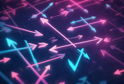 The primary subject of the image is a collection of arrows in various colors and orientations. The setting is a dark background, which contrasts with the bright colors of the arrows. The visual style appears to be a combination of digital art and illustration, creating a dynamic and eye-catching pattern. The overall atmosphere is energetic and lively, with the arrows seemingly flying off the screen.