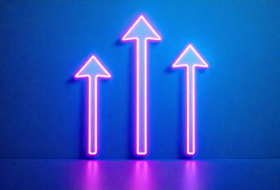 The primary subject of the image is a neon sign with three arrows pointing upwards. The sign is purple and blue in color, giving it a vibrant and lively appearance. The setting is a blue wall, which serves as a contrasting background for the sign. The visual style of the image is a combination of digital art and illustration, creating a unique and eye-catching design. The colors and mood of the image are energetic and uplifting, with the purple and blue hues ev