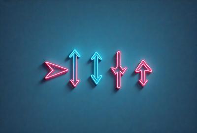 The primary subject of the image is a neon sign with four arrows pointing upwards. The sign is blue and pink in color, giving it a vibrant and lively appearance. The setting is a blue wall, which serves as the backdrop for the sign. The visual style of the image is a combination of digital art and illustration, creating a unique and eye-catching design. The colors and mood of the image are energetic and uplifting, with the blue and pink hues evoking