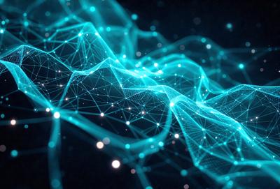 The primary subject of the image is a blue, geometric pattern that resembles a network of interconnected lines. The setting is a dark background, which contrasts with the bright blue color of the pattern. The visual style appears to be a digital art or illustration, as the pattern is intricate and detailed. The overall atmosphere is one of complexity and intrigue, as the viewer is drawn into the interconnected lines of the pattern.