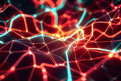 The primary subject of the image is a close-up of a neon-colored network of lines, which appears to be a digital art or illustration. The setting is a dark background, which contrasts with the brightly colored lines. The visual style is a mix of digital art and illustration, creating a unique and eye-catching pattern. The colors and mood of the image are predominantly red and blue, giving it a vibrant and energetic atmosphere.