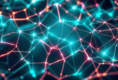 The primary subject of the image is a close-up of a brightly colored, glowing network of interconnected lines. The setting appears to be a dark background, which contrasts with the vibrant colors of the lines. The visual style of the image is a combination of digital art and illustration, creating a unique and captivating pattern. The colors and mood of the image are predominantly bright and lively, with the glowing lines creating a sense of energy and movement.