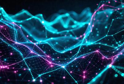 The primary subject of the image is a colorful, abstract pattern made up of various shapes and lines. The setting is a dark background, which contrasts with the vibrant colors of the pattern. The visual style is a combination of digital art and illustration, creating a unique and eye-catching design. The dominant colors are blue, purple, and pink, giving the pattern a lively and energetic atmosphere.