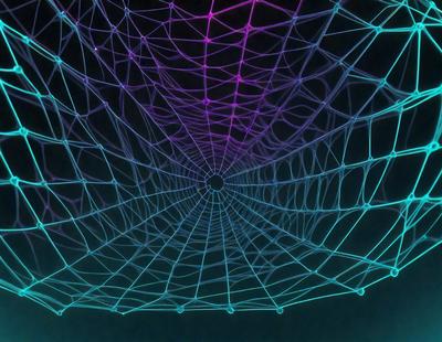 The primary subject of the image is a large, intricate web made of neon-colored strings. The web is woven together, creating a visually striking pattern. The setting is a dark background, which contrasts with the vibrant colors of the web. The visual style of the image is a combination of digital art and illustration, showcasing the artist's skill in creating a complex and detailed design. The colors and mood of the image are predominantly neon and futuristic, evoking a