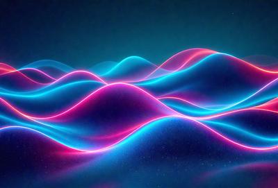 The primary subject of the image is a series of brightly colored, pink and blue waves. The setting is a dark blue background, which contrasts with the vibrant colors of the waves. The visual style appears to be a digital art or illustration, as the waves are depicted in a patterned manner. The overall atmosphere is lively and energetic, with the bright colors and dynamic waves creating a sense of movement and excitement.