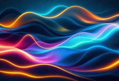 The primary subject of the image is a vibrant, colorful wave pattern. The setting is a dark blue background, which contrasts with the bright colors of the wave pattern. The visual style is a digital art or illustration, as the wave pattern is created using a combination of colors and lines. The dominant colors are blue, pink, and yellow, creating a lively and energetic atmosphere.