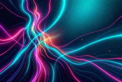 The primary subject of the image is a vibrant and colorful neon-like pattern. The setting is a dark background, which contrasts with the bright and lively colors of the pattern. The visual style appears to be a digital art or illustration, as it is a highly detailed and intricate design. The dominant colors in the image are pink, blue, and purple, creating a lively and energetic atmosphere.