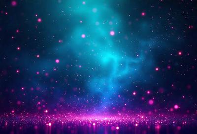 The primary subject of the image is a brightly colored, pink and blue background with a starry pattern. The setting is a dark, starry sky, and the visual style is a combination of a photo and digital art. The colors and mood of the image are vibrant and lively, creating a sense of wonder and excitement.