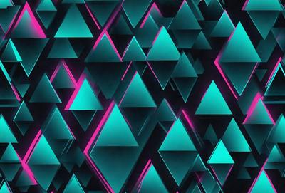 The primary subject of the image is a pattern of triangles, which are arranged in a visually appealing manner. The setting is a dark background, which contrasts with the bright colors of the triangles. The visual style is a combination of digital art and illustration, creating a unique and eye-catching design. The dominant colors are blue, pink, and green, which contribute to a lively and energetic atmosphere.