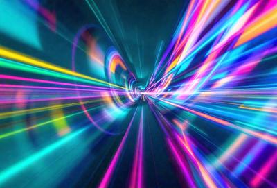 The primary subject of the image is a tunnel-like structure with a brightly colored, rainbow-like light effect. The tunnel appears to be a tunnel of light, with the colors creating a vibrant and lively atmosphere. The setting is a dark background, which contrasts with the bright colors of the tunnel. The visual style of the image is a combination of digital art and illustration, creating a unique and eye-catching effect.