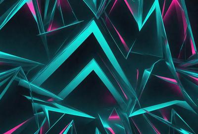 The primary subject of the image is a geometric pattern made up of triangles and squares. The pattern is predominantly blue and pink, creating a visually striking and vibrant scene. The setting appears to be a dark background, which contrasts with the bright colors of the pattern. The visual style of the image is a combination of digital art and illustration, showcasing the intricate design of the geometric pattern. The overall atmosphere of the image is lively and energetic, thanks to the bold colors and the capt