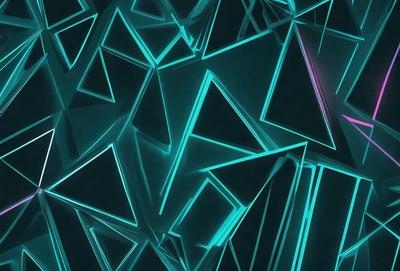 The primary subject of the image is a pattern of blue and green triangles. The setting is a dark background, which contrasts with the bright colors of the triangles. The visual style appears to be a digital art or illustration, as the triangles are arranged in a complex and intricate manner. The dominant colors are blue and green, creating a calm and soothing atmosphere.