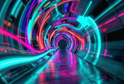 The primary subject of the image is a tunnel with a colorful, neon-lit interior. The tunnel appears to be a futuristic, high-tech environment. The setting is a tunnel with a brightly lit interior, and the visual style is a combination of photo and digital art. The dominant colors in the image are blue, green, and pink, creating a vibrant and energetic atmosphere.