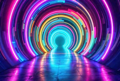 The primary subject of the image is a tunnel with a rainbow-colored light display inside. The tunnel appears to be a futuristic, neon-lit passage that leads to a brightly lit room. The setting is a futuristic environment, and the visual style is a combination of photo and digital art. The colors and mood of the image are vibrant and energetic, with the rainbow colors creating a sense of excitement and wonder.