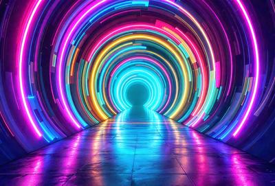 The primary subject of the image is a tunnel with a rainbow-colored light display inside. The tunnel appears to be a futuristic, neon-lit passage that leads to a brightly lit room. The setting is a futuristic environment, and the visual style is a combination of photo and digital art. The colors and mood of the image are vibrant and energetic, with the rainbow colors creating a sense of excitement and wonder.