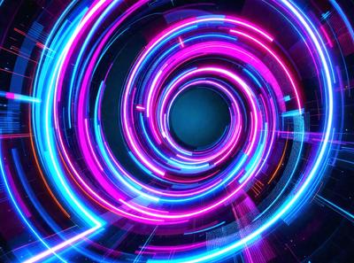 The primary subject of the image is a spiral-shaped tunnel with a blue center. The tunnel is illuminated by a bright, colorful light, creating a vibrant and lively atmosphere. The setting is a futuristic environment, possibly a space station or a high-tech facility. The visual style of the image is a combination of digital art and illustration, with the spiral and light creating a dynamic and eye-catching pattern. The colors and mood of the image are predominantly blue and p