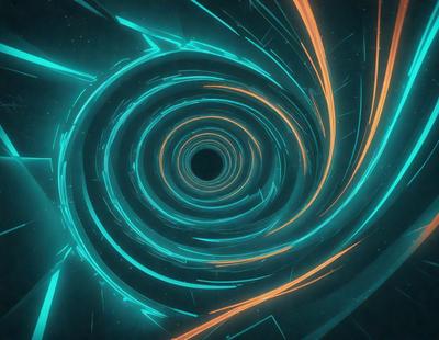 The primary subject of the image is a spiral-shaped tunnel with a black hole at its center. The tunnel is surrounded by a blue and orange color scheme, giving it a futuristic and dynamic appearance. The setting is a space-like environment, with the spiral tunnel being the main focus of the scene. The visual style of the image is a combination of digital art and illustration, creating a unique and captivating design.