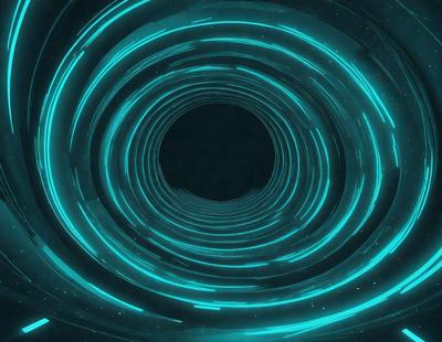 The primary subject of the image is a large, dark, and circular tunnel. The tunnel is illuminated by a blue light, creating a striking visual effect. The setting is a black background, which contrasts with the blue light, making it the focal point of the image. The visual style is a combination of a photo and digital art, as the tunnel appears to be a real-life structure, but the blue light and overall atmosphere give it a futuristic and surreal quality. The colors and mood of the image are