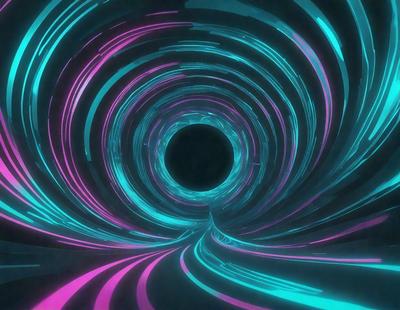 The primary subject of the image is a tunnel with a brightly colored, swirling pattern. The tunnel appears to be a part of a futuristic cityscape, with a black hole in the center. The setting is a futuristic environment, and the visual style is a combination of digital art and illustration. The dominant colors in the image are pink, blue, and purple, creating a vibrant and energetic atmosphere.