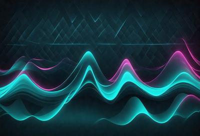 The primary subject of the image is a series of blue and pink waves, which are displayed in a digital art style. The setting is a dark background, and the visual style is a combination of digital art and illustration. The dominant colors in the image are blue and pink, creating a vibrant and lively atmosphere.