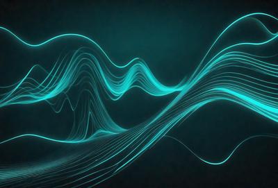 The primary subject of the image is a blue and green wave pattern. The setting is a dark background, which contrasts with the vibrant colors of the wave pattern. The visual style is a digital art or illustration, creating a dynamic and futuristic atmosphere. The dominant colors are blue and green, with the blue wave pattern and the green background creating a sense of depth and movement.