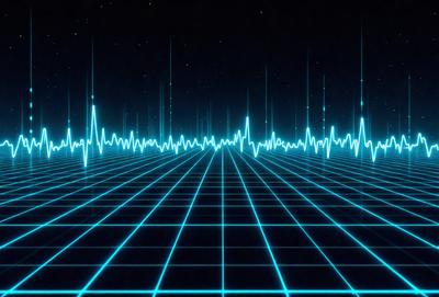 The primary subject of the image is a pattern of blue squares on a black background. The setting appears to be a night sky, with a starry background. The visual style is a digital art or illustration, creating a futuristic and space-like atmosphere. The dominant colors are blue and black, with the blue squares contrasting against the dark background.