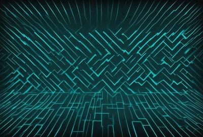 The primary subject of the image is a large, colorful, and intricate pattern. The setting is a dark room with a blue background, which adds to the overall atmosphere. The visual style is a combination of digital art and illustration, creating a unique and captivating design. The dominant colors are blue and green, which contribute to a calming and serene mood.