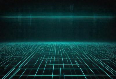 The primary subject of the image is a blue and green patterned surface. The setting is a dark room with a blue and green background. The visual style is a digital art or illustration, creating a futuristic and modern atmosphere. The dominant colors are blue and green, which contribute to the overall mood of the image.