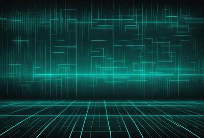 The primary subject of the image is a green and blue patterned background. The setting is a dark room with a green and blue patterned wall. The visual style is a digital art or illustration, creating a futuristic and modern atmosphere. The dominant colors are green and blue, which contribute to the overall mood of the image.
