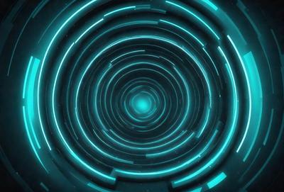The primary subject of the image is a large, circular, blue and green neon light. The setting is a dark, space-like environment, with the light being the main focus of the scene. The visual style is a digital art or illustration, creating a futuristic and surreal atmosphere. The dominant colors are blue and green, with the light creating a mesmerizing and captivating effect.