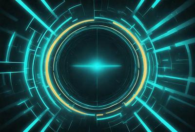 The primary subject of the image is a futuristic, neon-colored, circular object with a yellow line in the center. The setting is a dark, futuristic environment, and the visual style is a combination of digital art and illustration. The dominant colors are blue, green, and yellow, creating a vibrant and futuristic atmosphere.