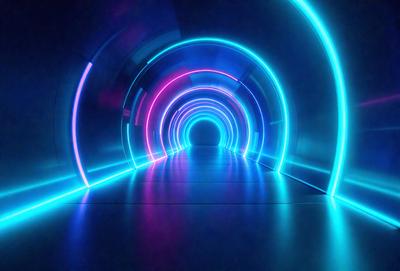 The primary subject of the image is a tunnel with a blue light illuminating it. The setting is a dark tunnel with a blue light shining through it, creating a unique atmosphere. The visual style is a digital art or illustration, as the tunnel appears to be a digital creation. The colors and mood are predominantly blue, creating a sense of depth and mystery in the tunnel.