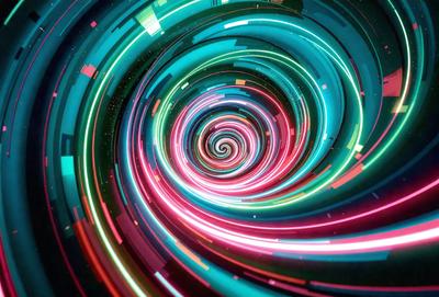 The primary subject of the image is a spiral, which is a part of a larger, colorful, and swirling pattern. The setting is a dark background, which contrasts with the vibrant colors of the spiral. The visual style is a combination of digital art and illustration, creating a dynamic and eye-catching design. The colors and mood of the image are predominantly pink and blue, giving it a lively and energetic atmosphere.