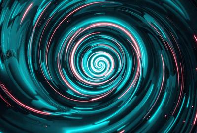 The primary subject of the image is a spiral pattern, which is a blue and white swirl. The setting is a dark background, which contrasts with the spiral pattern. The visual style is a digital art or illustration, as the spiral pattern appears to be a part of a larger design. The colors and mood of the image are predominantly blue and white, creating a sense of movement and dynamism.