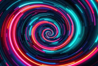 The primary subject of the image is a spiral pattern, which is a prominent feature of the scene. The spiral is illuminated by neon lights, creating a vibrant and visually striking visual effect. The setting appears to be a dark background, which further emphasizes the spiral pattern and its vivid colors. The overall atmosphere of the image is energetic and dynamic, with the spiral pattern serving as the focal point of the composition.