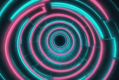 The primary subject of the image is a neon-colored spiral or tunnel, which appears to be a part of a futuristic or space-themed setting. The spiral is illuminated with bright pink and blue colors, creating a visually striking and vibrant atmosphere. The visual style of the image is a combination of digital art and illustration, with the spiral's design and colors resembling a futuristic or space-themed pattern. The overall mood of the image is ener