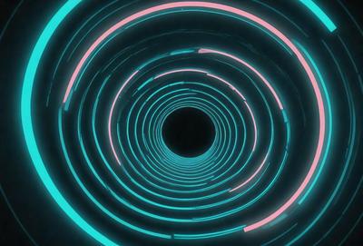 The primary subject of the image is a large, brightly lit tunnel with a spiral shape. The tunnel is illuminated by a combination of blue and pink neon lights, creating a visually striking and vibrant atmosphere. The setting is a dark, enclosed space, and the visual style is a digital art or illustration. The colors and mood of the image are energetic, lively, and captivating.