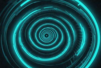The primary subject of the image is a spiral-shaped tunnel with a blue light illuminating it. The tunnel appears to be a futuristic, high-tech design. The setting is a dark, blue-lit environment, which adds to the overall mood of the image. The visual style is a combination of digital art and illustration, creating a unique and captivating scene.