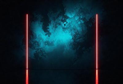 The primary subject of the image is a blue and red neon light display. The setting is a dark room with a blue background, creating a striking contrast with the red neon light. The visual style is a digital art or illustration, as the light display is created with a combination of colors and lines. The overall atmosphere is vibrant and energetic, with the red neon light adding a sense of intensity to the scene.