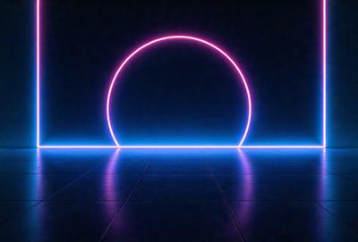 The primary subject of the image is a large, glowing circle, which appears to be a neon sign or a light source. The circle is located in the middle of a dark room, creating a striking contrast between the light and the darkness. The setting is a black background, which further emphasizes the brightness of the circle. The visual style of the image is a combination of a photo and digital art, as the circle appears to be a digital creation, while the overall atmosphere is one of mystery and intrigue.