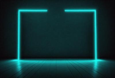The primary subject of the image is a large, dark blue wall with a green outline. The setting is a room with a wooden floor. The visual style is a combination of a photo and digital art, creating a unique and striking appearance. The dominant colors are blue and green, giving the scene a moody and dramatic atmosphere.