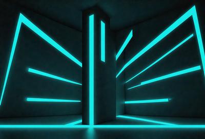The primary subject of the image is a tall, blue, glowing tower. The tower is located in a dark room with a blue background. The visual style of the image is digital art, as it appears to be a computer-generated or digitally manipulated scene. The dominant colors in the image are blue and black, creating a moody and futuristic atmosphere.