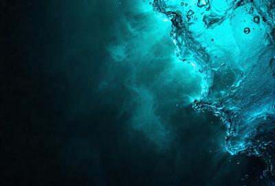 The primary subject of the image is a blue water surface, which appears to be a swimming pool or a body of water. The setting is a dark, blue-green environment, which creates a moody atmosphere. The visual style of the image is a close-up of the water surface, showcasing the blue color and the ripples in the water. The colors and mood of the image are predominantly dark and mysterious, with the blue water and the surrounding darkness creating a sense of depth and intrigue.