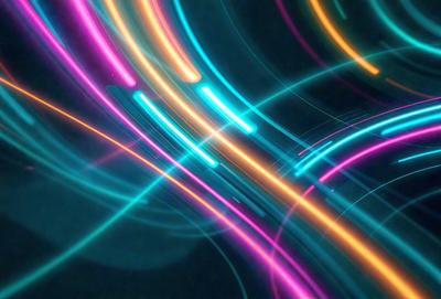 The primary subject of the image is a colorful, swirling pattern of light, which appears to be a digital art or illustration. The setting is a dark background, which contrasts with the vibrant colors of the light pattern. The visual style is modern and artistic, with the colors and mood evoking a sense of movement and energy.