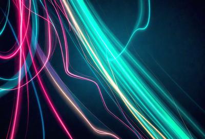 The primary subject of the image is a colorful, light-filled scene with a blue background. The visual style appears to be a combination of digital art and illustration, creating a vibrant and dynamic atmosphere. The colors and mood of the image are predominantly pink and blue, with the pink light streaks adding a sense of energy and movement to the scene.