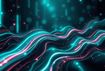 The primary subject of the image is a colorful, swirling, and flowing pattern. The setting is a dark background, which contrasts with the vibrant colors of the pattern. The visual style is a combination of digital art and illustration, creating a dynamic and eye-catching design. The colors and mood of the image are predominantly pink, blue, and green, giving it a lively and energetic atmosphere.