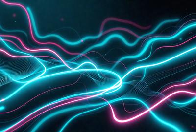 The primary subject of the image is a colorful, swirling pattern of pink and blue neon lights. The setting is a dark background, which contrasts with the bright and vibrant colors of the neon lights. The visual style is a digital art or illustration, as the lights are depicted in a fluid and dynamic manner. The dominant colors are pink and blue, creating a lively and energetic atmosphere.